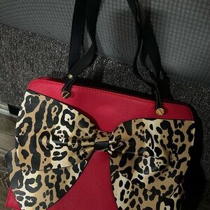 Betsey Johnson Red and Brown Shoulder Bag with Leopard Print